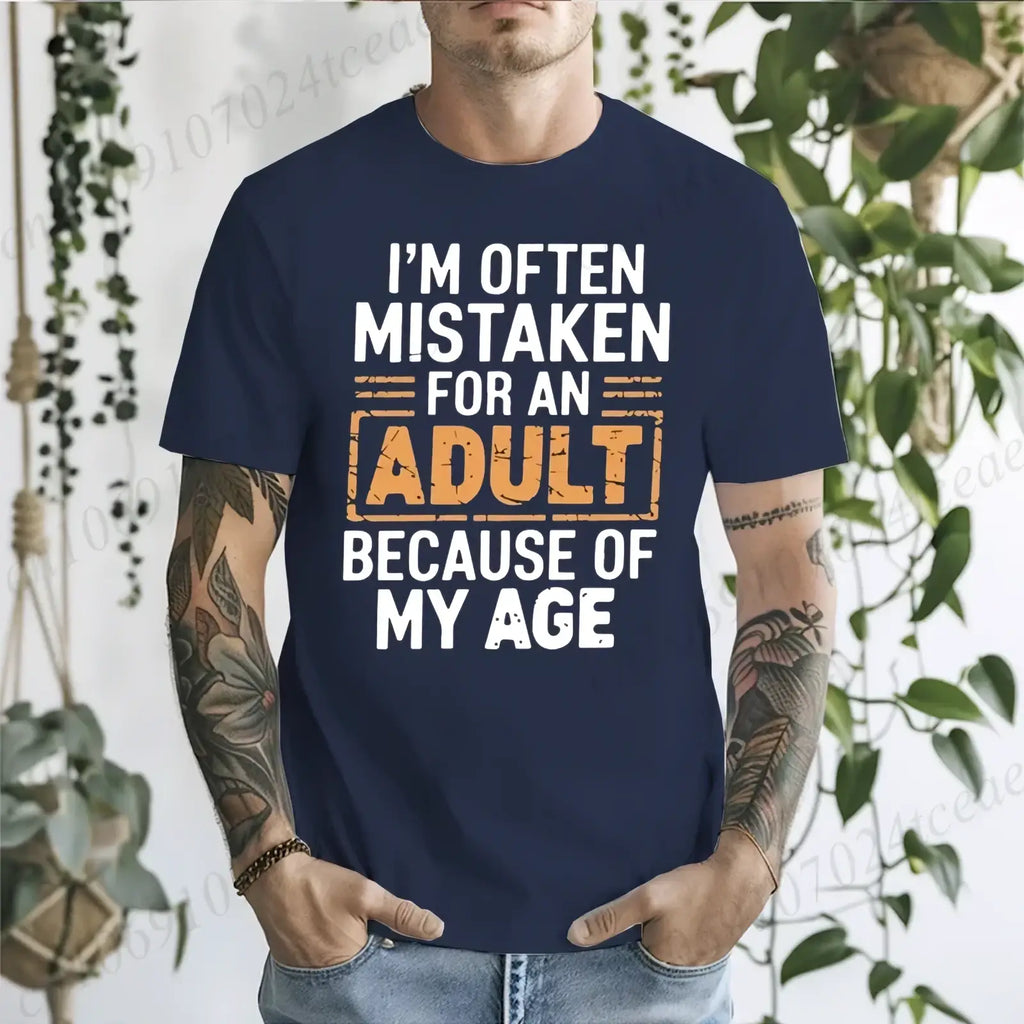 Navy blue cotton funny adult age humor graphic t shirt with white and orange distressed text on front