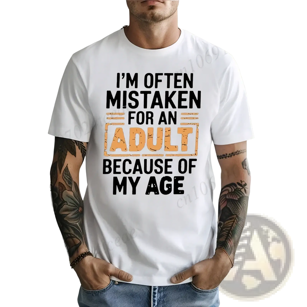 White cotton t-shirt with black and orange distressed text i’m often mistaken for an adult for funny adult age humor