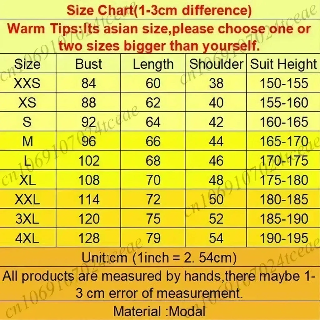 Yellow size chart in centimeters for a modal suit displayed with a funny adult age humor graphic t shirt product