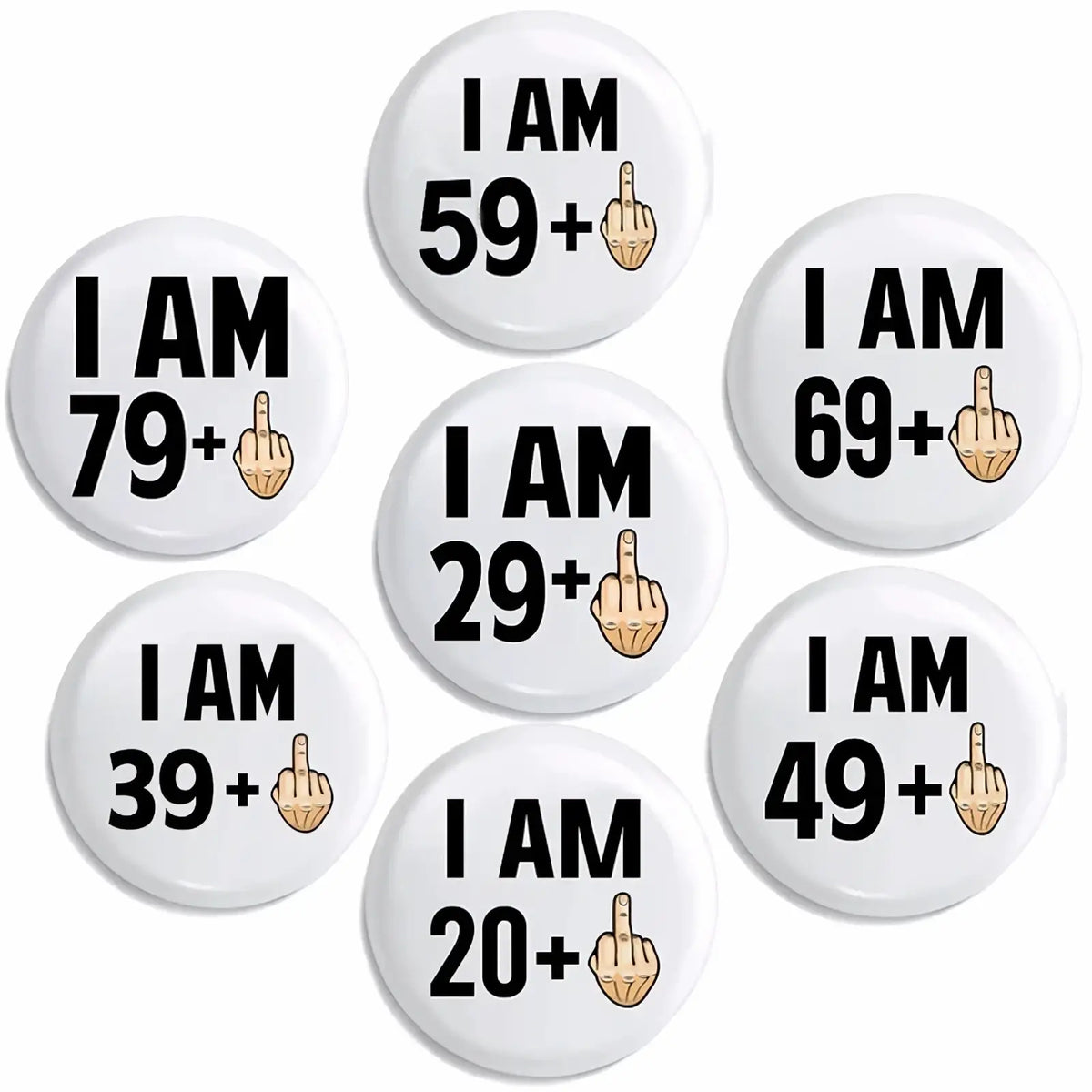 White circular funny age milestone birthday pin badges featuring black text and a cartoon middle finger emoji with age ranges