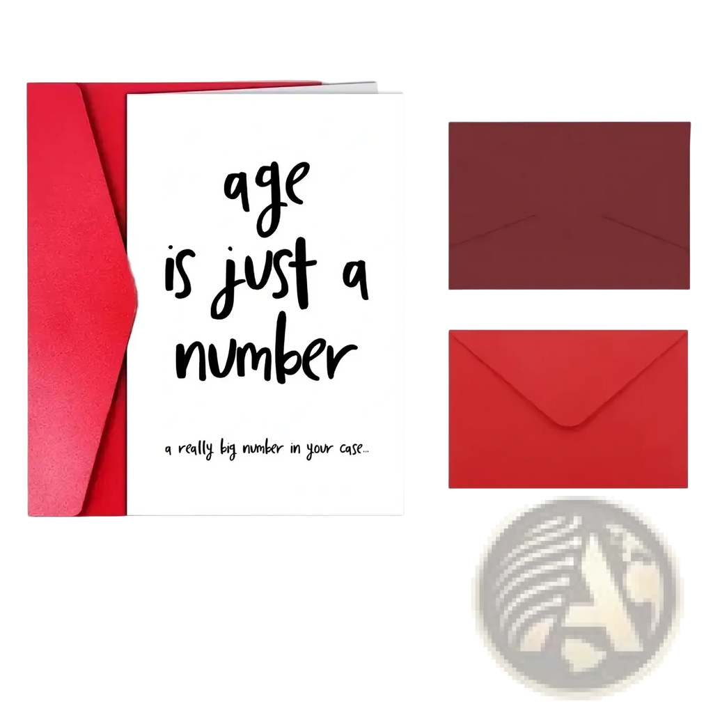 White funny age is just a number birthday card with black cursive text presented with red envelopes