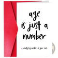 White funny age is just a number birthday card with black handwritten text in a red envelope for birthday greetings
