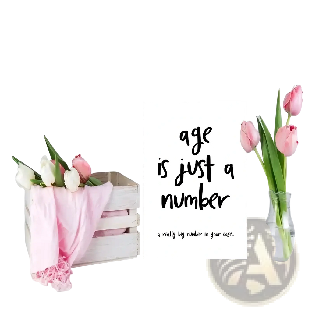 White rectangular funny age is just a number birthday card with black cursive text and smaller script below