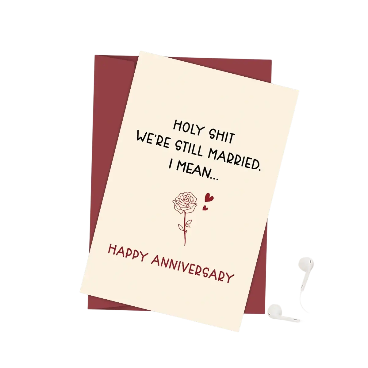 Cream-colored funny anniversary card for husband with black and red text reading holy shit we’re still married