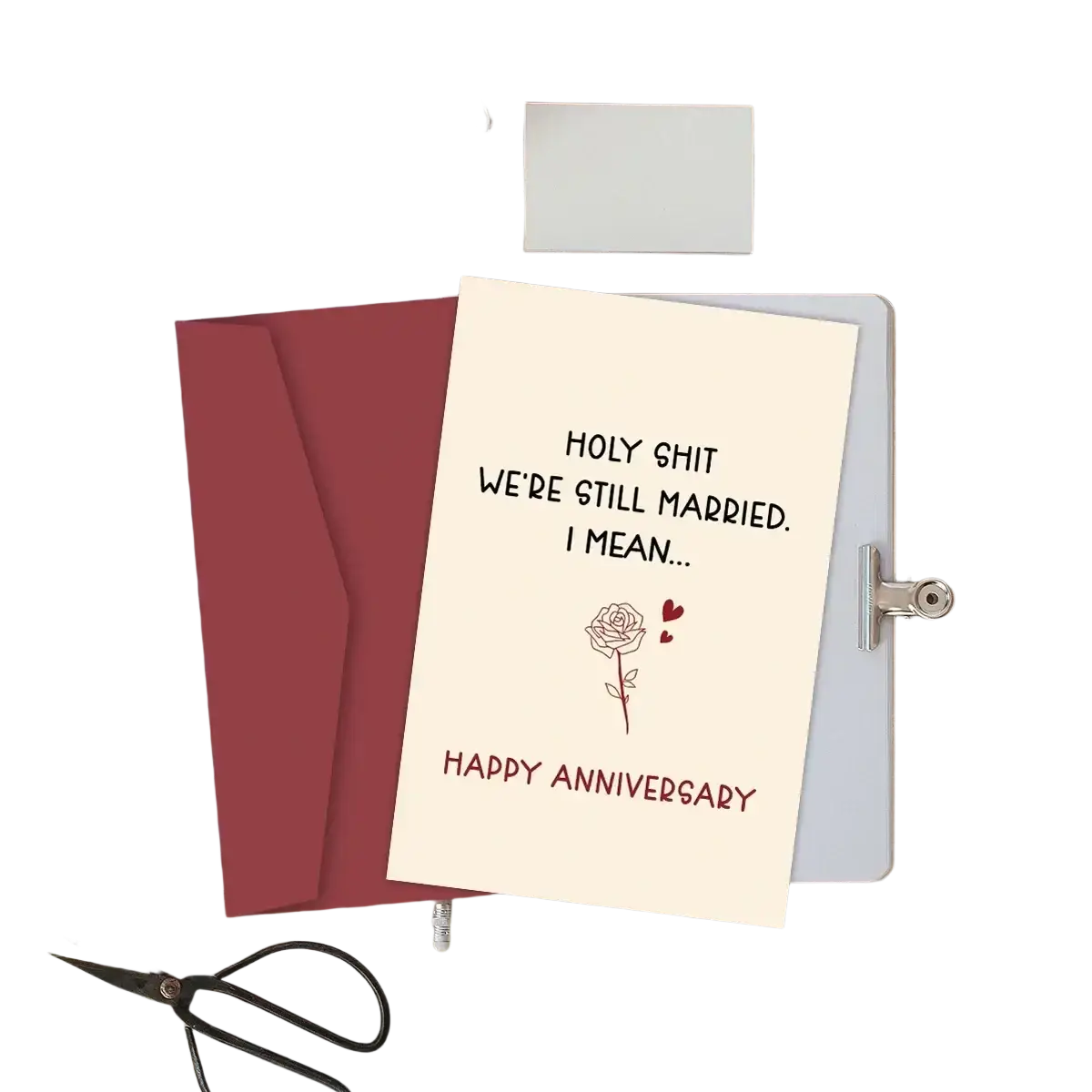 Cream-colored funny anniversary card for husband with black and red text holy shit we’re still married