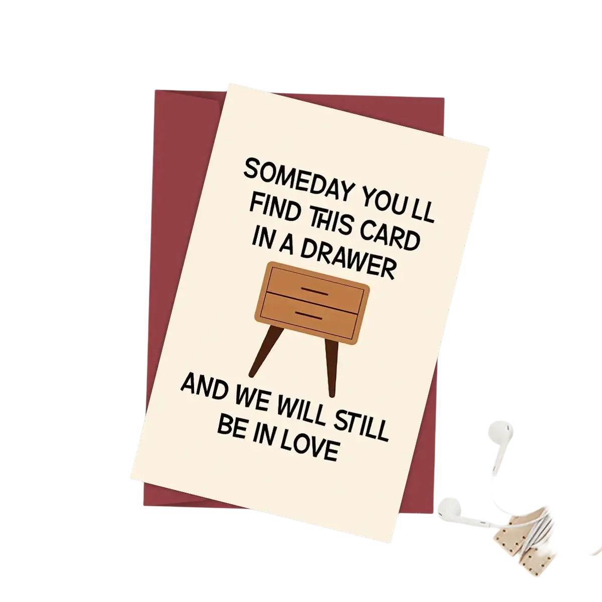 Cream-colored funny anniversary card for husband with black text and minimalist wooden dresser illustration on legs