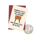 Cream-colored funny anniversary card for husband with black text and minimalist wooden dresser illustration on legs