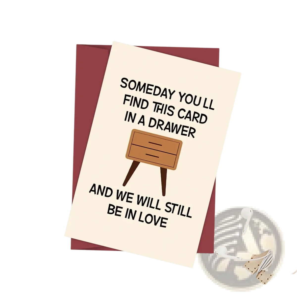 Cream-colored funny anniversary card for husband with black text and minimalist wooden dresser illustration on legs