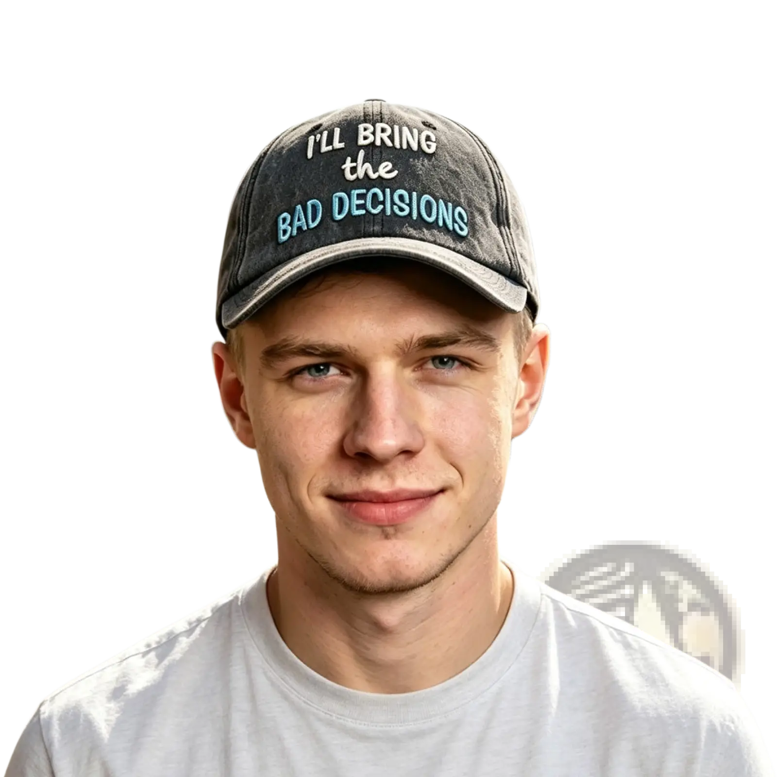 A faded gray distressed baseball cap with funny bad decisions embroidered text in white and light blue