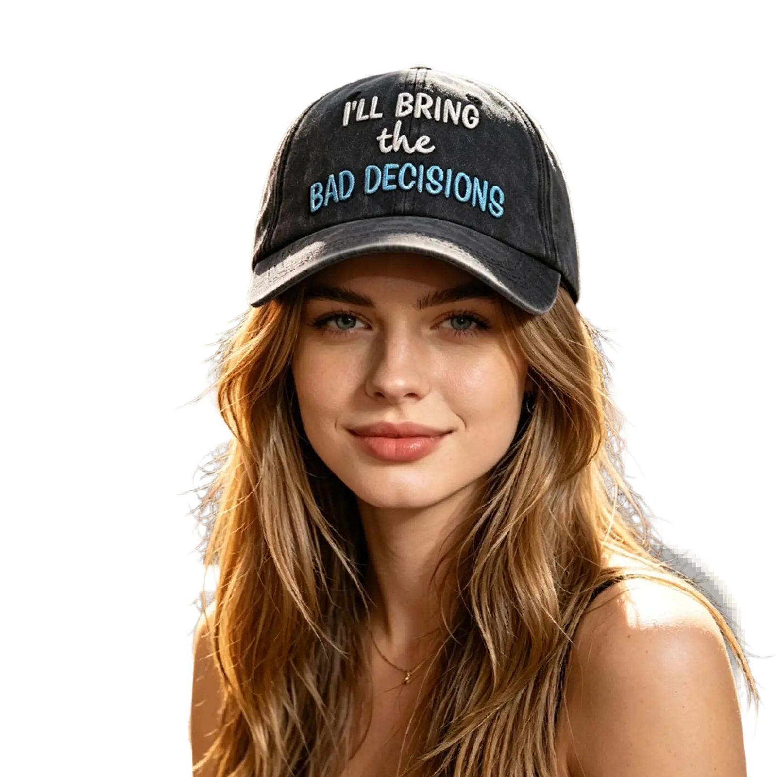 Black distressed baseball cap with embroidered white and light blue text i’ll bring the bad decisions