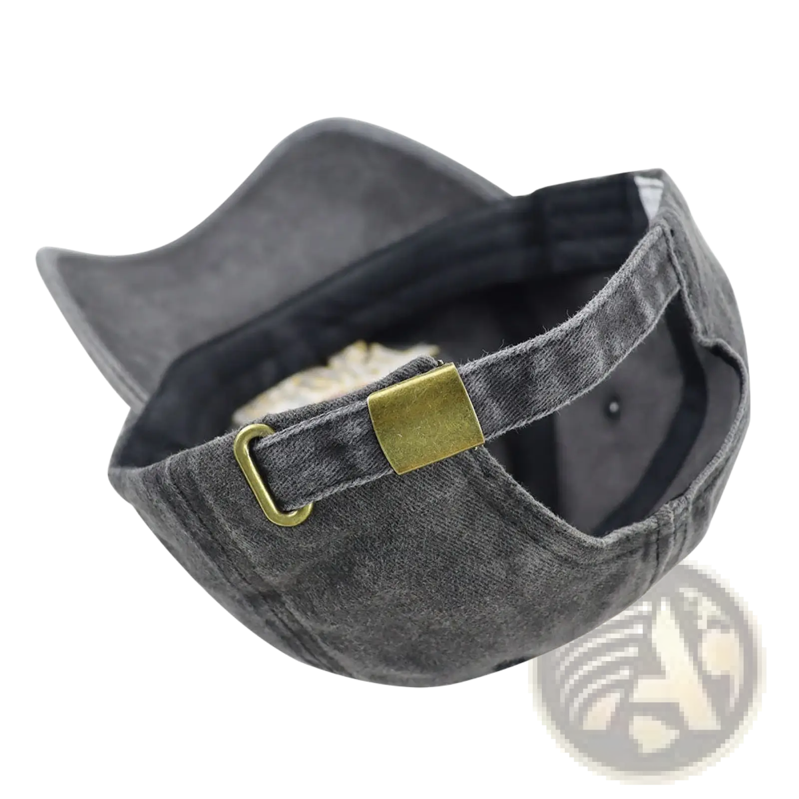 Dark gray distressed denim baseball cap with funny bad decisions embroidery and brass adjustable buckle back view