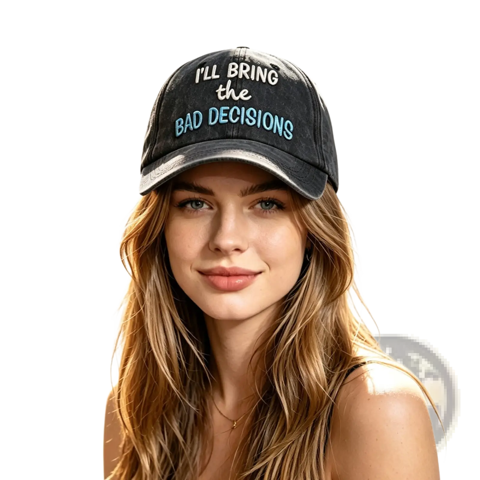 Black distressed baseball cap with white and light blue embroidered text reading ill bring the bad decisions