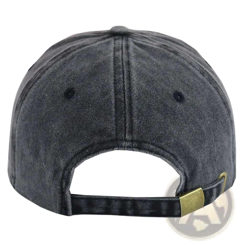 Dark gray distressed baseball cap with funny bad decisions embroidery and adjustable back shown from the rear