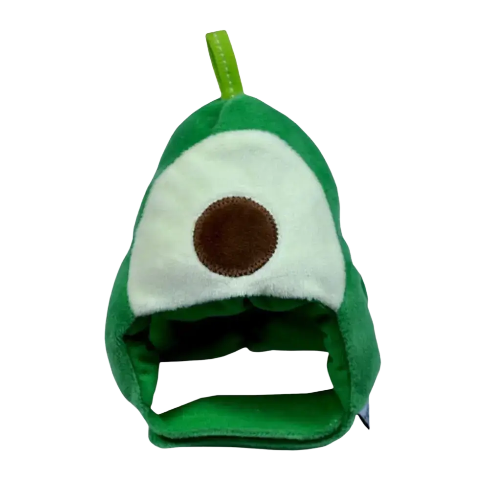 Green plush funny cat hat in avocado fruit shape with white center brown seed detail and green loop handle on top