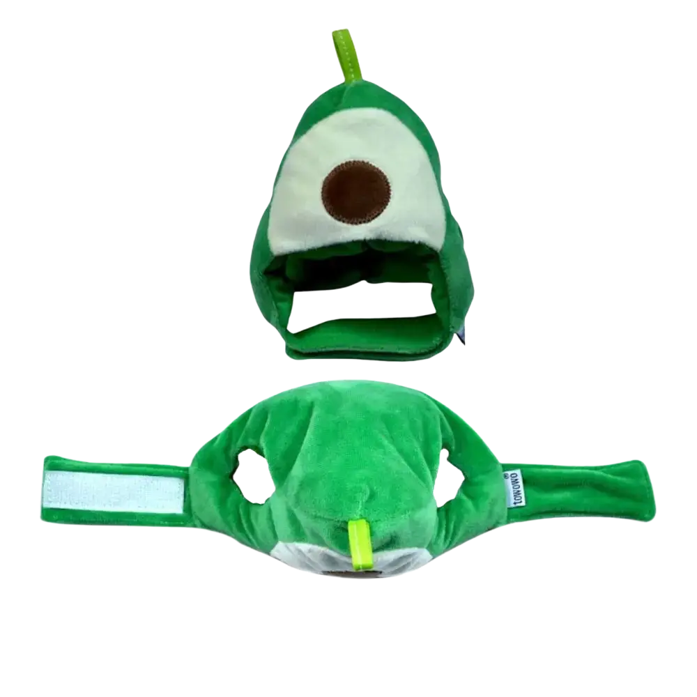 Green plush avocado-shaped pet harness with white and brown accents for cat funny fruit shape costume accessory