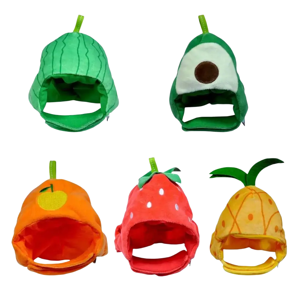 Green watermelon-shaped plush cat funny hat with stitched rind details and small stem fruit shape costume