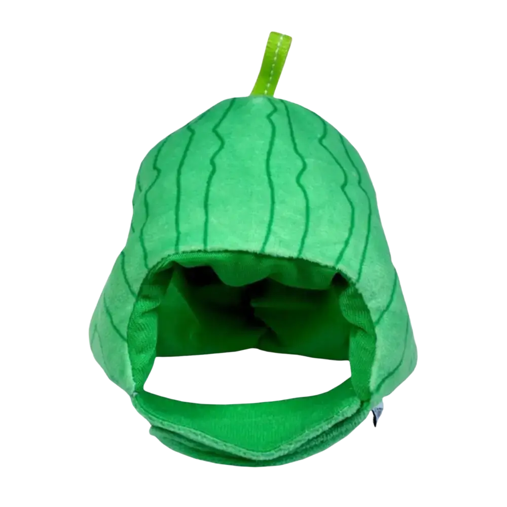 A plush green fruit shape cat funny hat designed as a watermelon with stitched ridges and a small stem