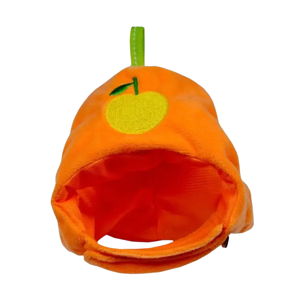 Orange plush fruit shape pet bed with yellow embroidered apple and green stem perfect for a cat funny hat costume