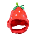 A plush red fruit shape cat funny hat designed as a strawberry with white seed dots and a green leafy top