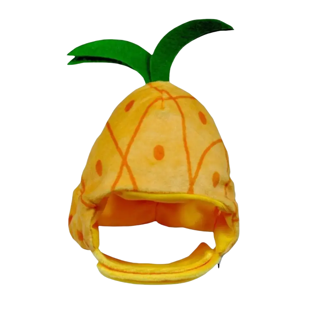 A plush yellow fruit shape funny hat for cats shaped like a pineapple with orange dots and green felt leaves on top