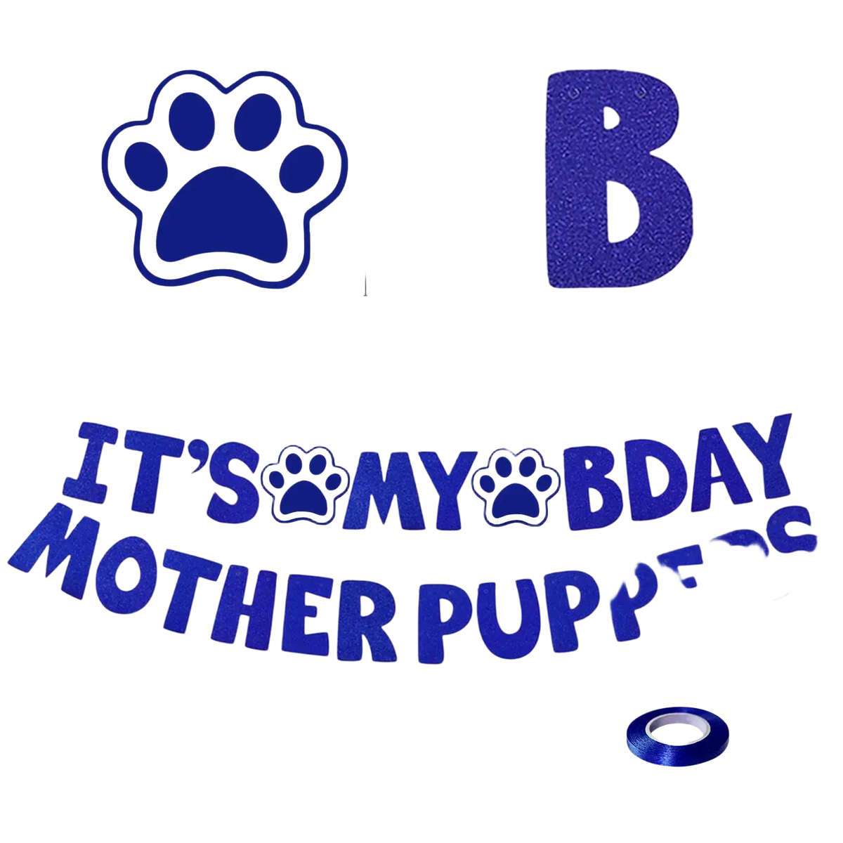 Blue glittery funny dog birthday banner with motherpuppers text and paw print designs for party decor