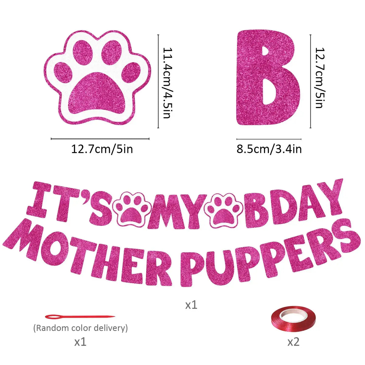 Pink glittery dog birthday banner with motherpuppers text and paw print accents for party decor