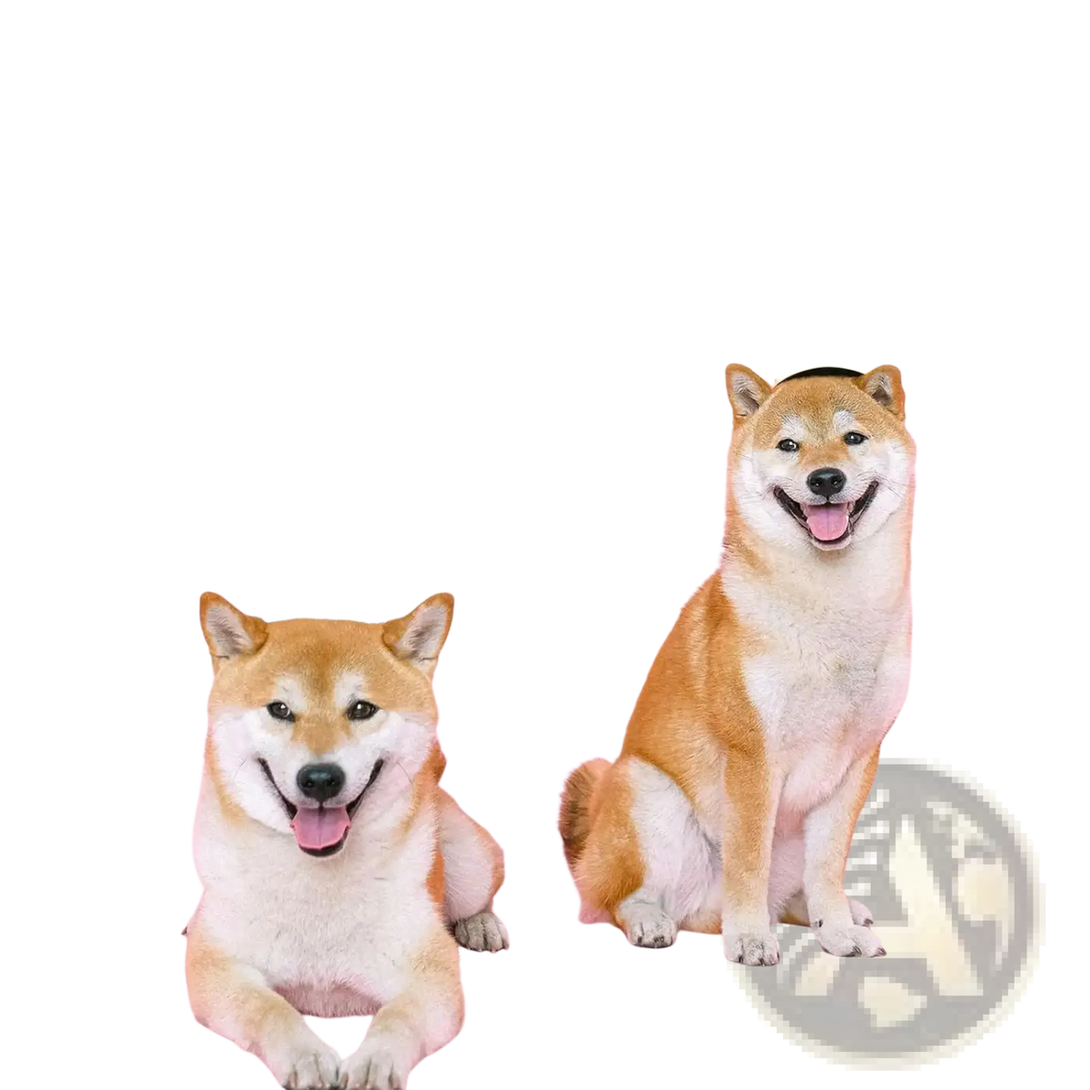 Two shiba inus wearing blue and yellow party hats pose beneath a glittery pink funny dog birthday banner