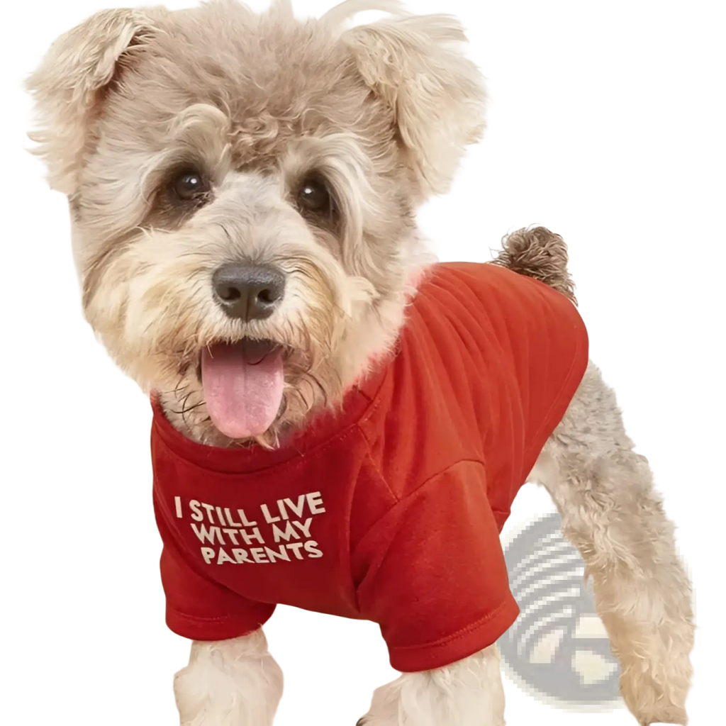 A fluffy light brown dog wearing a red funny dog t-shirt with white text for small dog clothes