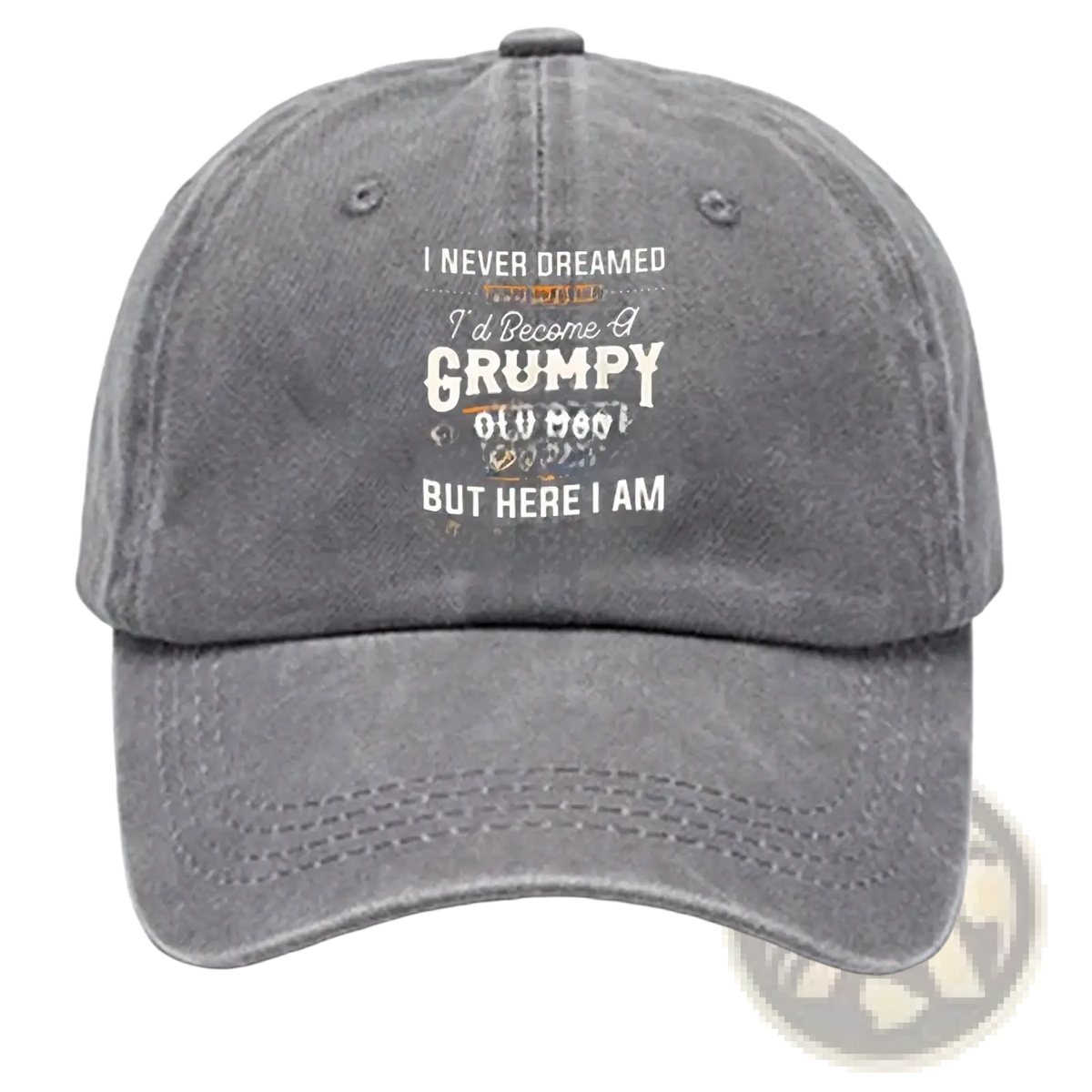 A faded gray denim cotton baseball cap with a funny embroidered quote in white and orange lettering