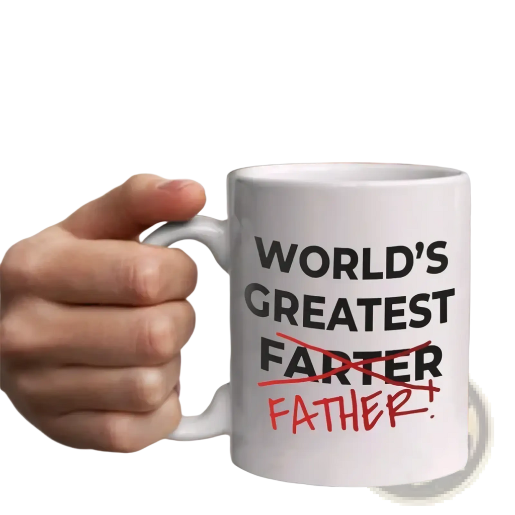 White ceramic mug with bold black and red text reading worlds greatest farter father featuring a crossed out word