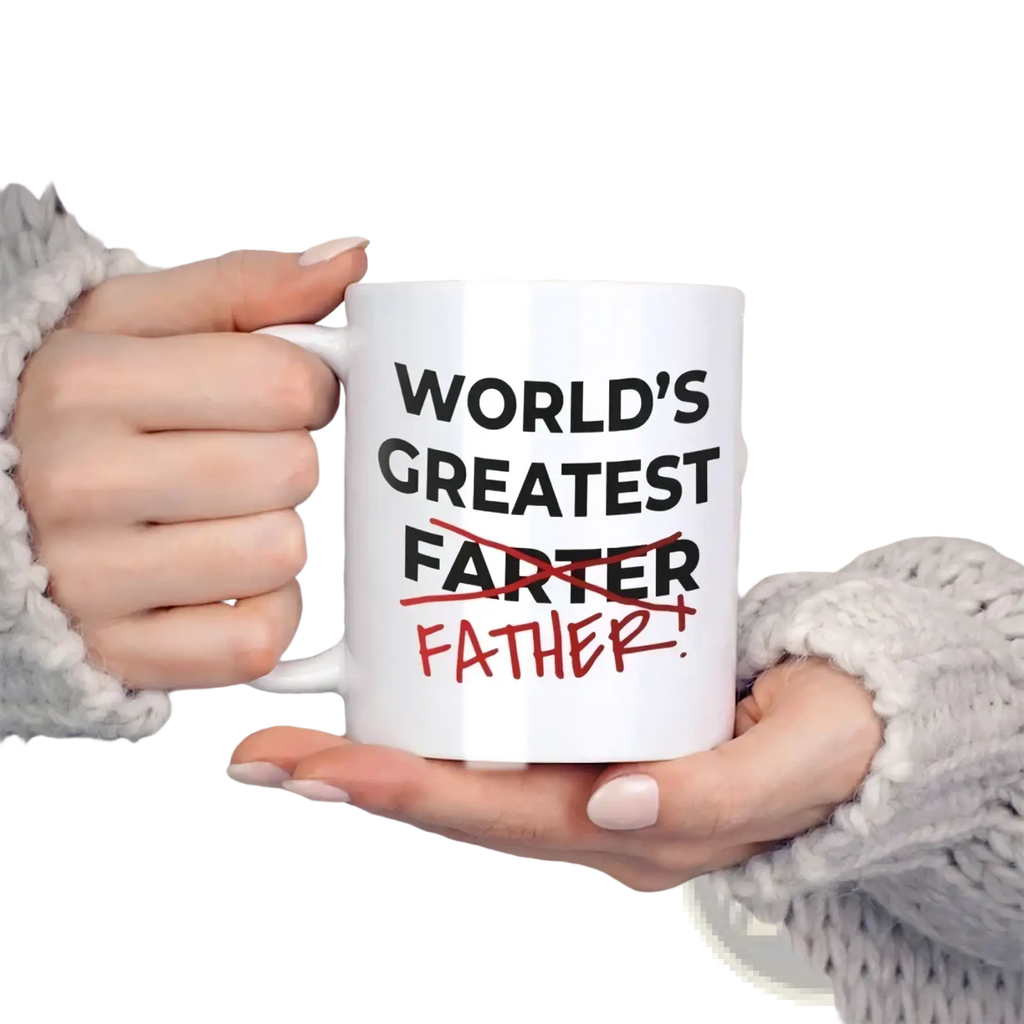 White ceramic coffee mug with black and red crossed out world s greatest farter father text 11 oz funny farter father design
