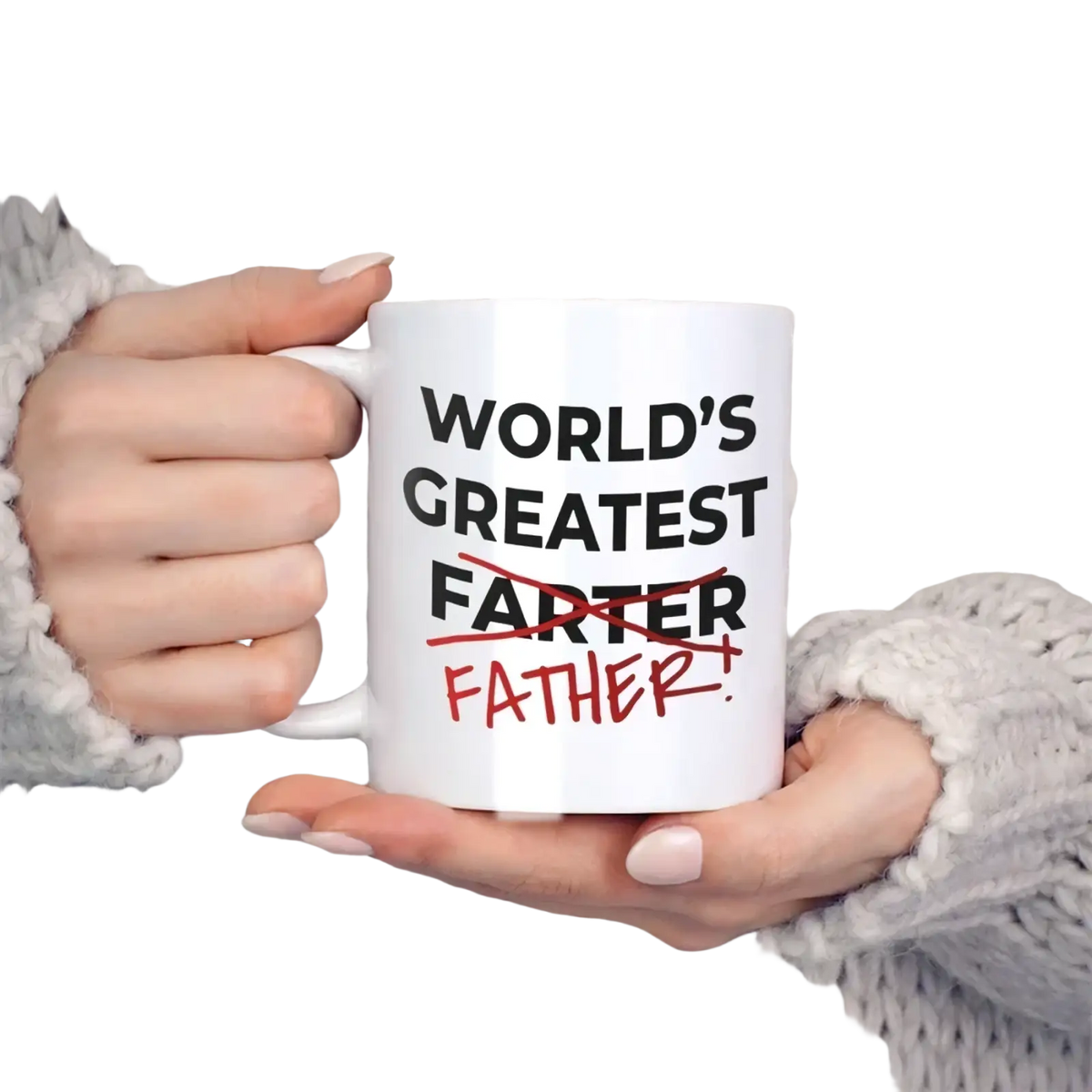 White ceramic coffee mug with black and red crossed out world s greatest farter father text 11 oz funny farter father design