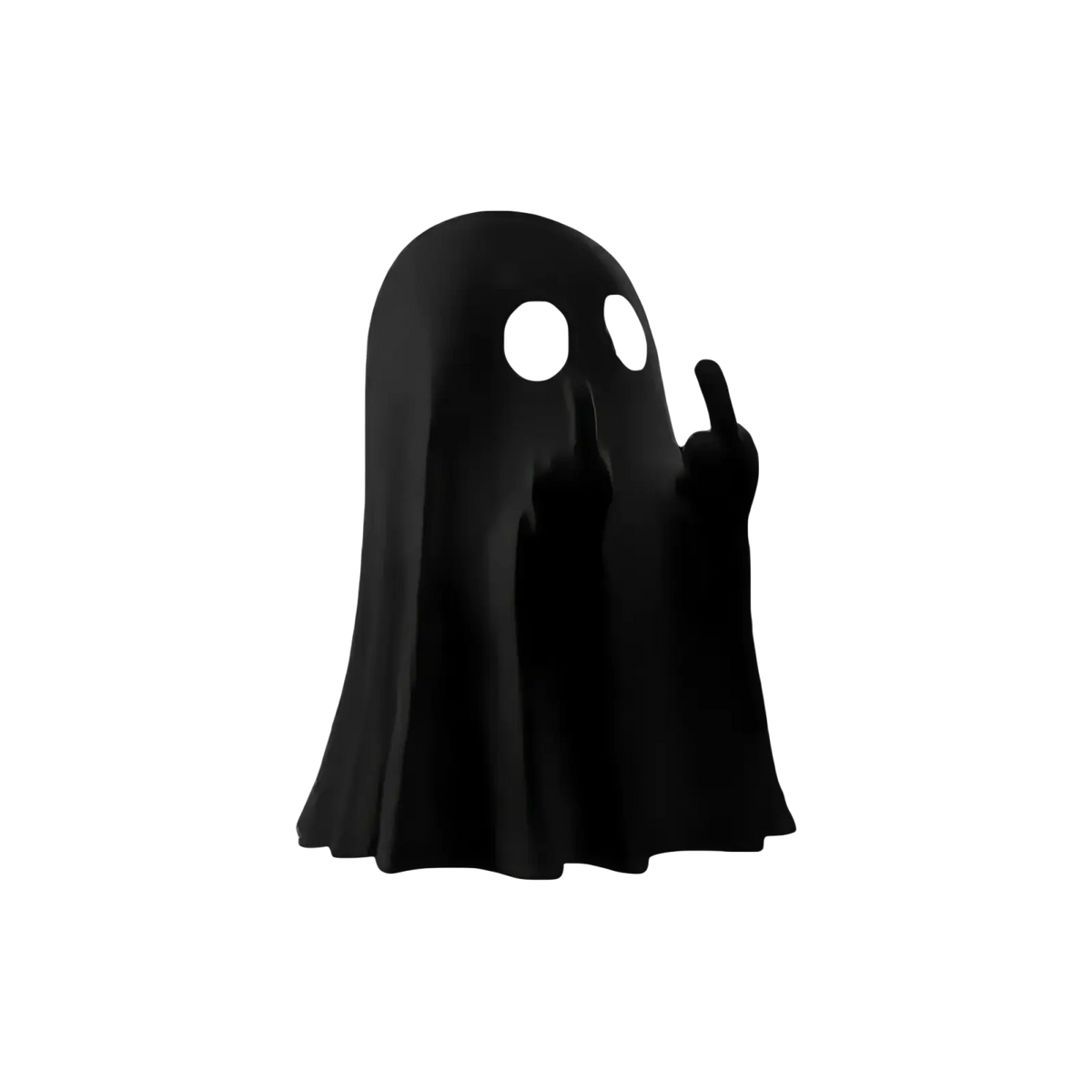Black ghost coffee table statue with glossy finish, minimalist design, two circular eyes, and raised finger gesture