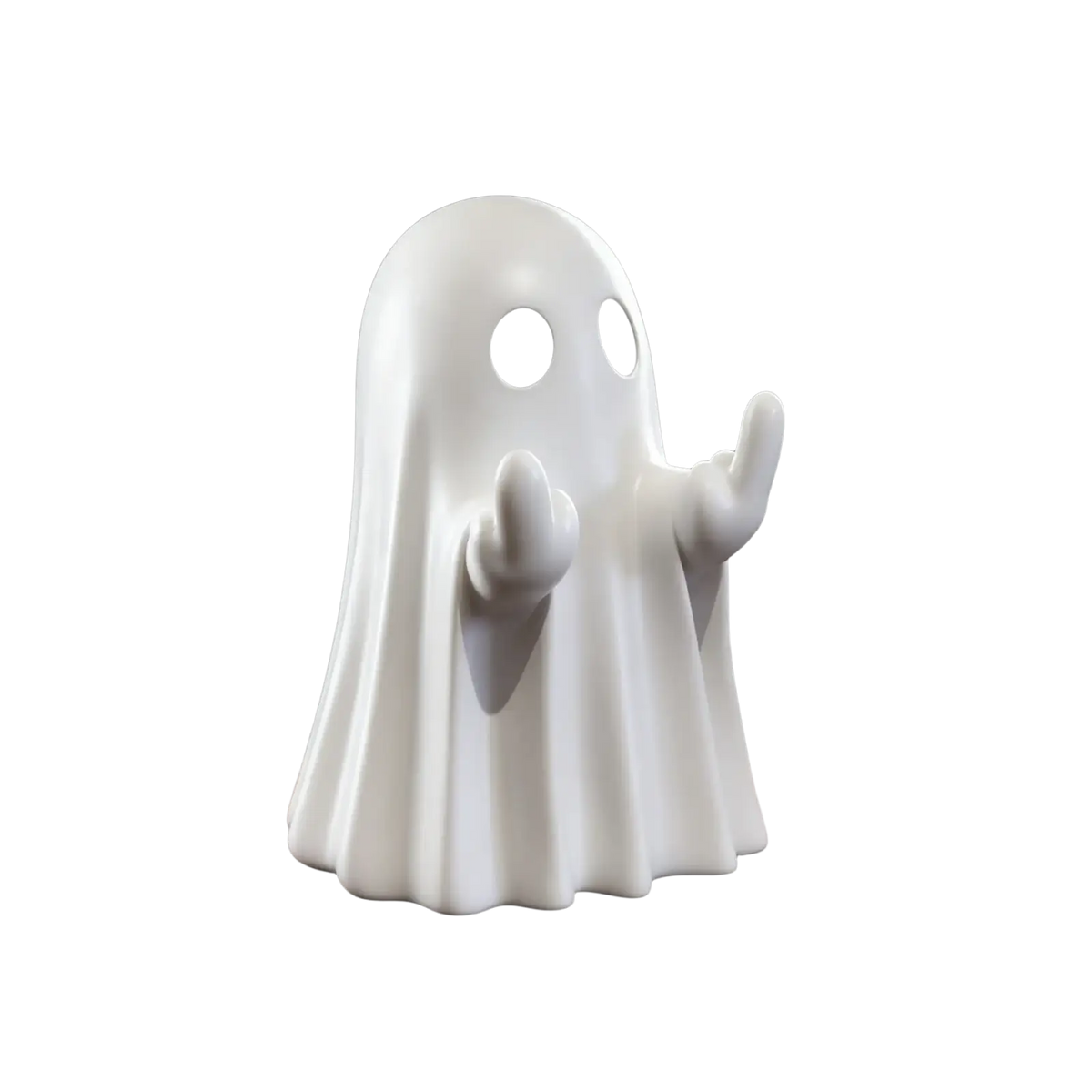 A smooth glossy white ceramic funny ghost coffee table statue with black circular eyes and raised hands