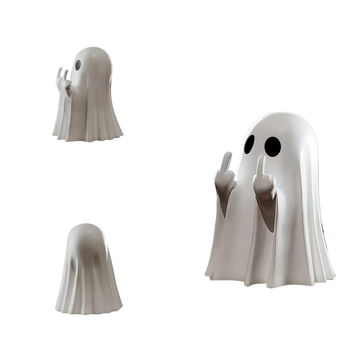 White ceramic funny ghost coffee table statue with black circular eyes and raised index fingers
