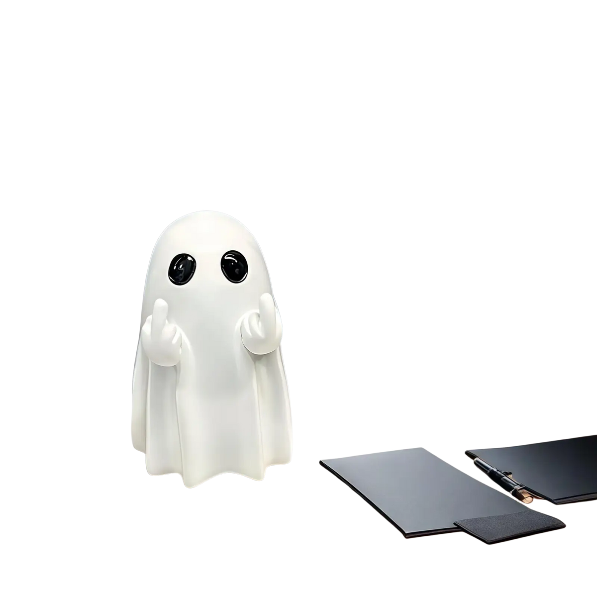 White ceramic funny ghost coffee table statue with glossy black eyes and raised hands for decorative use