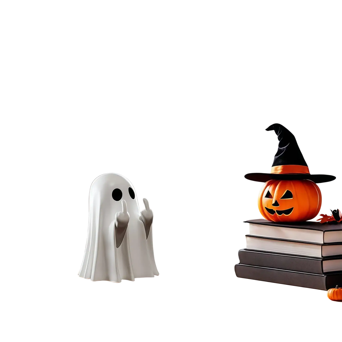 White ceramic funny ghost coffee table statue with black circular eyes and gray-gloved hands raised playfully