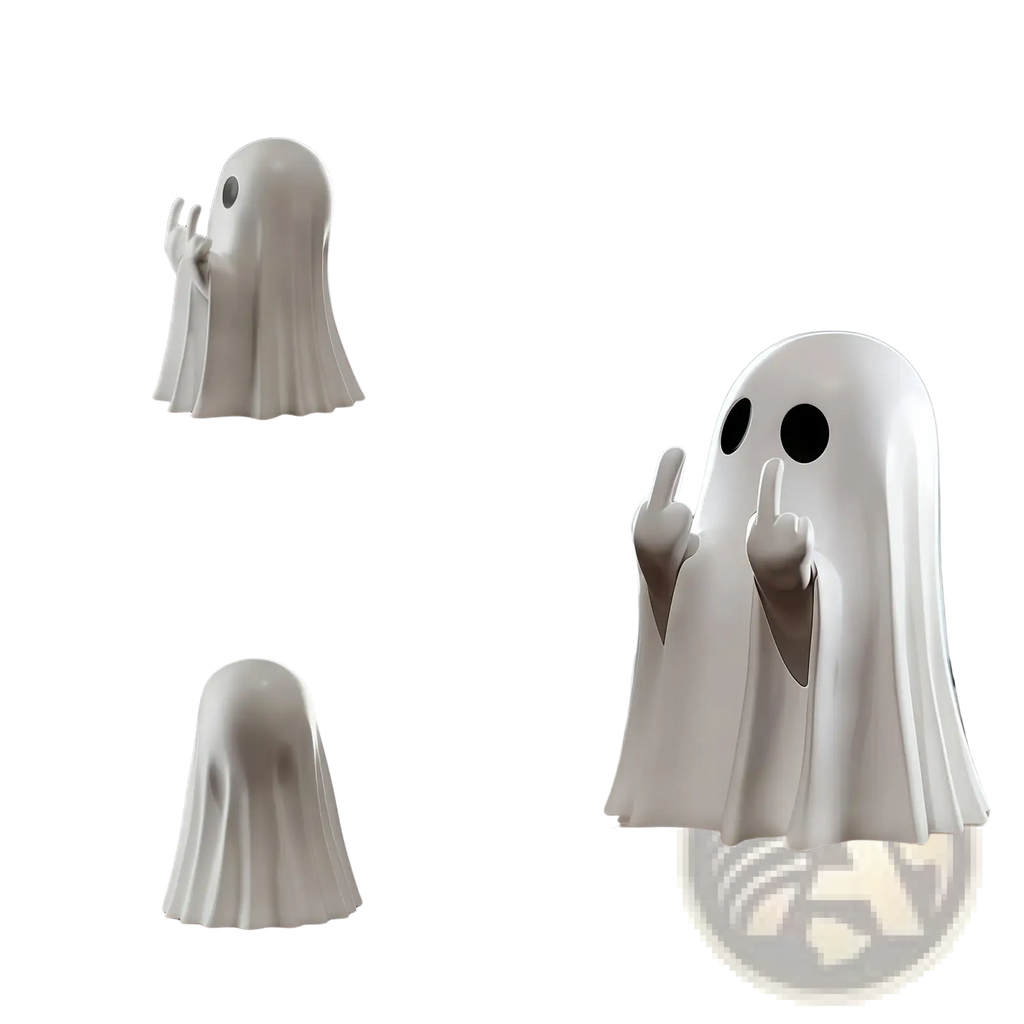 White ceramic funny ghost coffee table statue with black circular eyes and raised index fingers