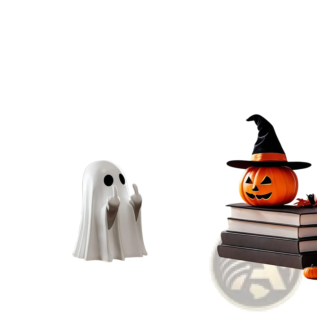 White ceramic funny ghost coffee table statue with black circular eyes and gray-gloved hands raised playfully