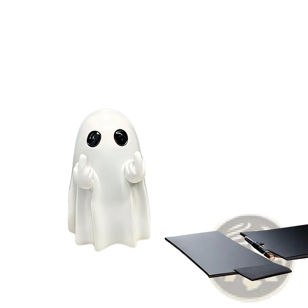 White ceramic funny ghost coffee table statue with glossy black eyes and raised hands for decorative use