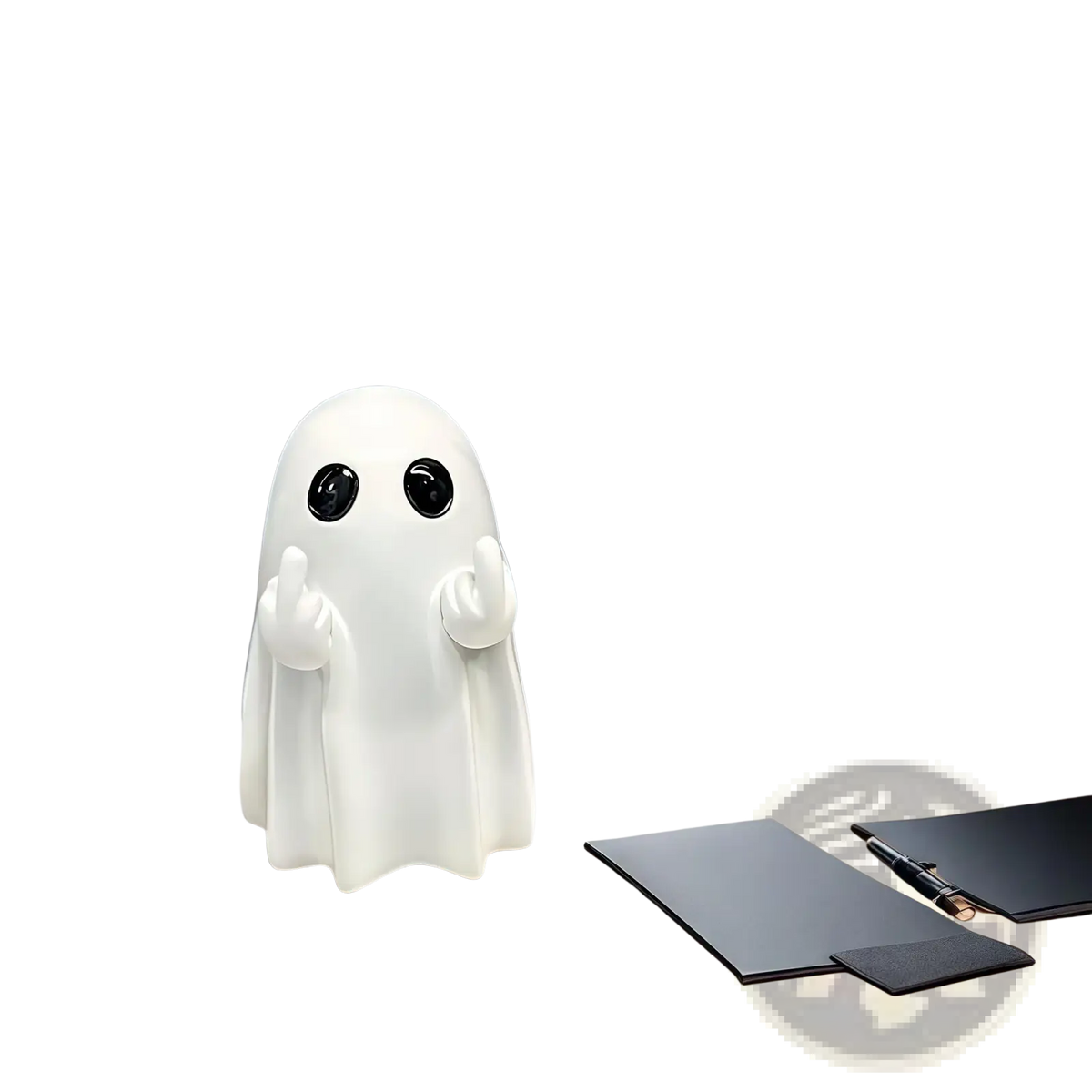 White ceramic funny ghost coffee table statue with glossy black eyes and raised hands for decorative use