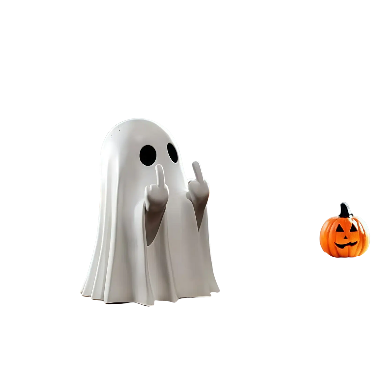Funny ghost coffee table statue in white smooth plastic with black circular eyes and raised middle finger hands