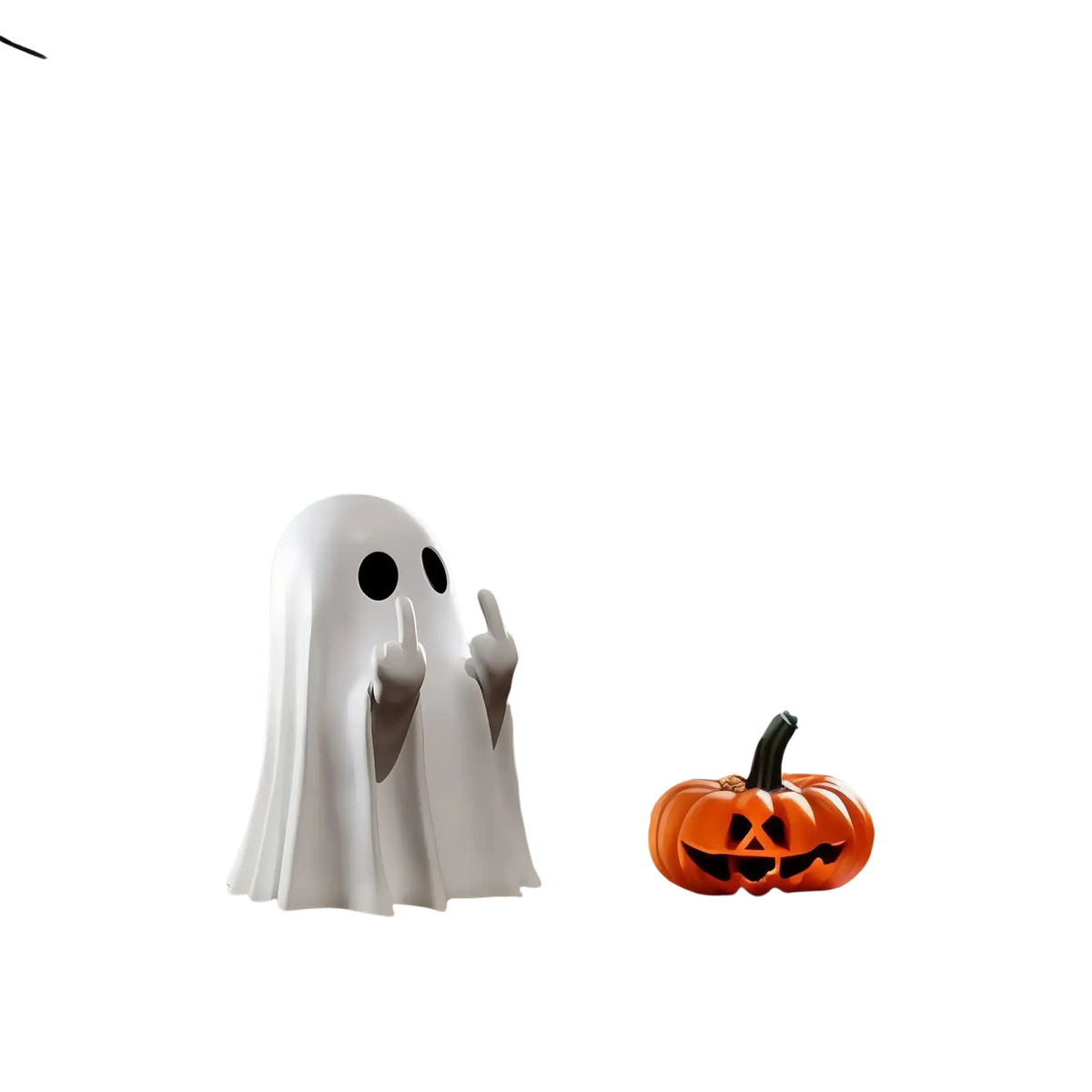Funny ghost coffee table statue in white with black eye holes and gray hands making a gesture figurine