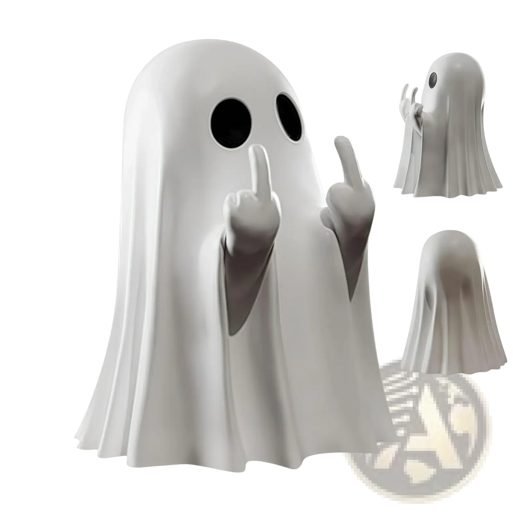 White ghost coffee table statue with black eyes and raised hands showing middle finger gesture in ceramic material