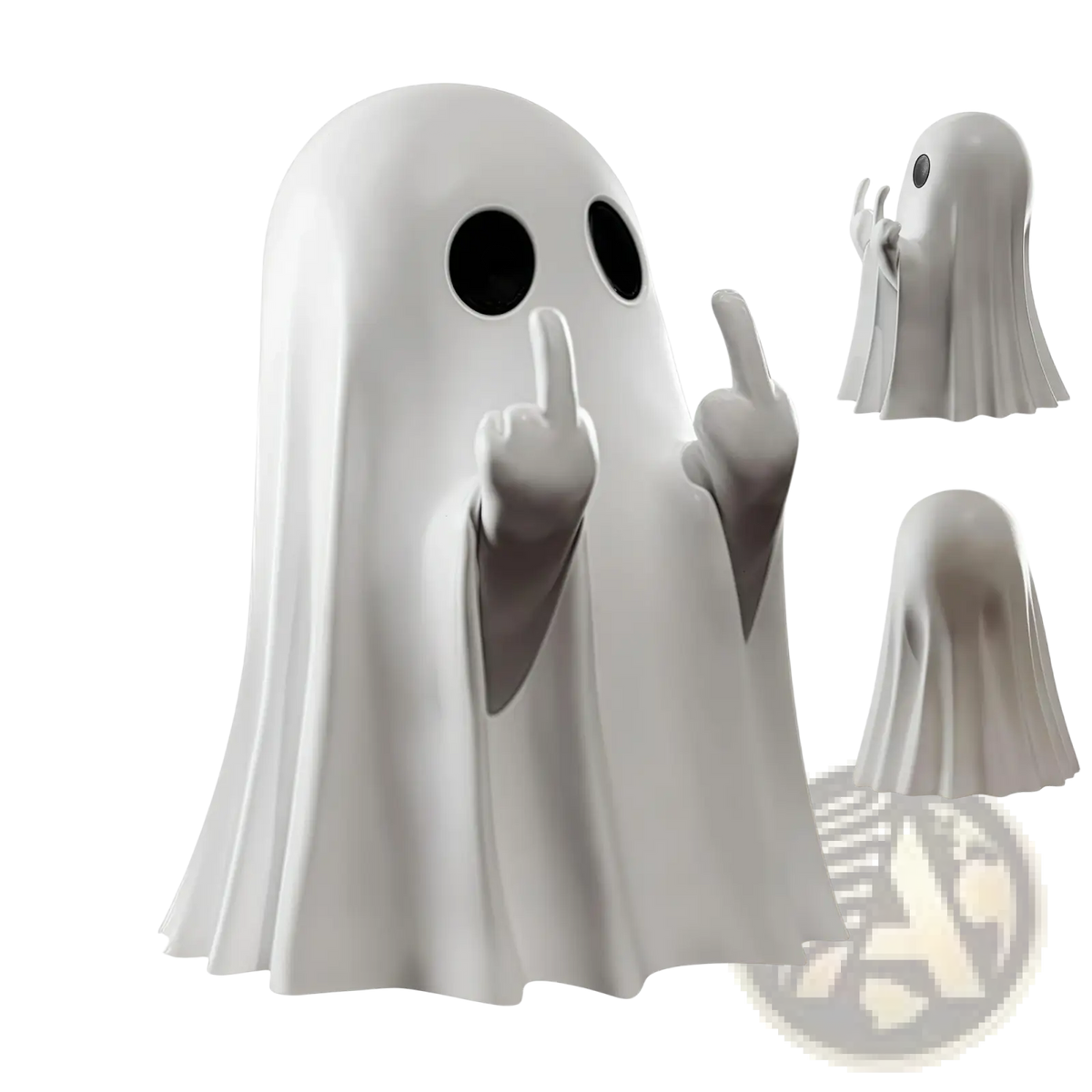 White ghost coffee table statue with black eyes and raised hands showing middle finger gesture in ceramic material