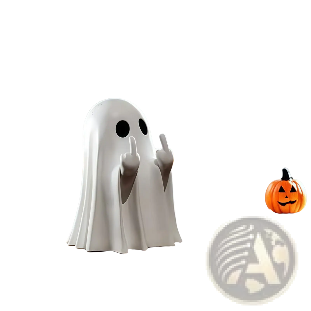 Funny ghost coffee table statue in white smooth plastic with black circular eyes and raised middle finger hands