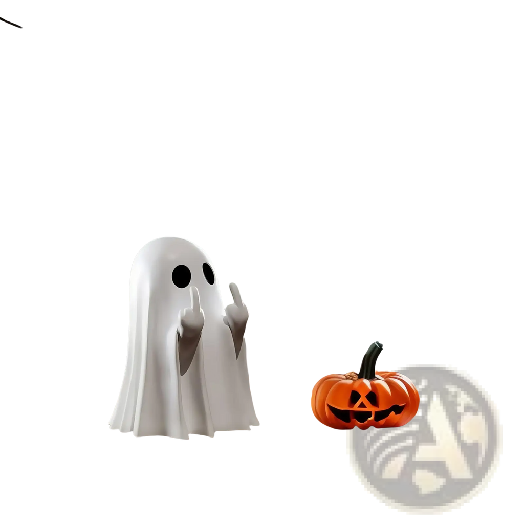 Funny ghost coffee table statue in white with black eye holes and gray hands making a gesture figurine