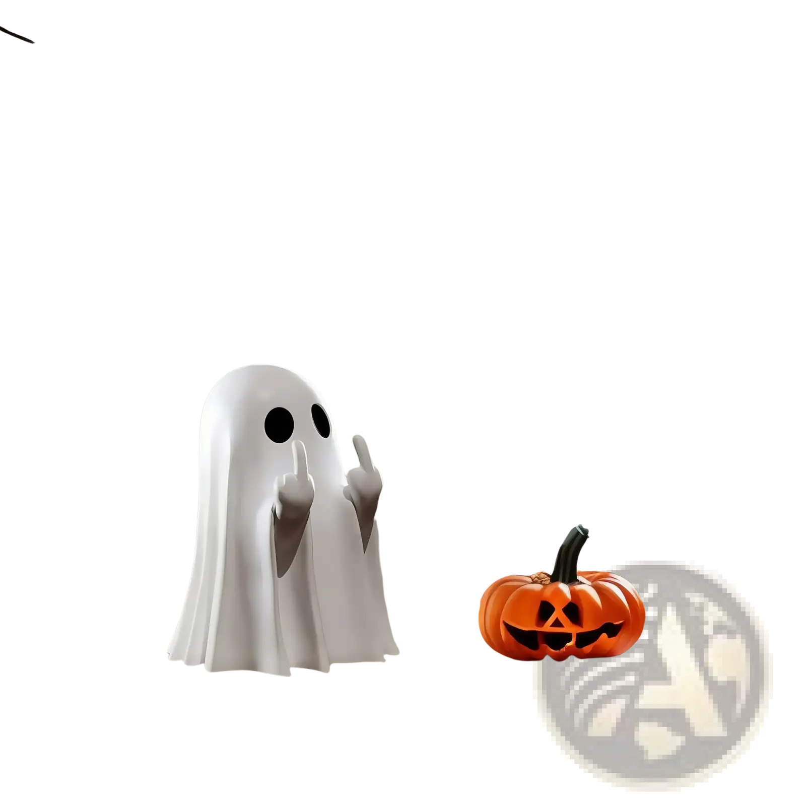Funny ghost coffee table statue in white with black eye holes and gray hands making a gesture figurine