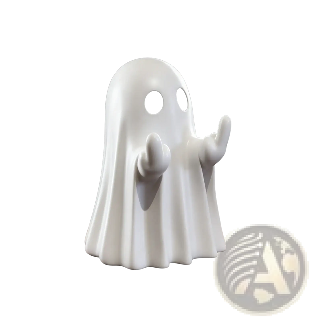 A smooth glossy white ceramic funny ghost coffee table statue with black circular eyes and raised hands