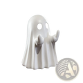 A smooth glossy white ceramic funny ghost coffee table statue with black circular eyes and raised hands